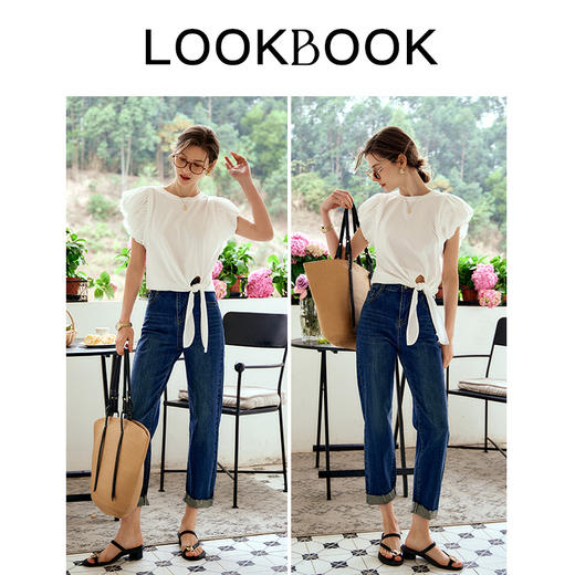 OLrain欧芮儿法式白色T恤女夏季2024新款泡泡袖设计感别致圆领针织短袖 商品图3