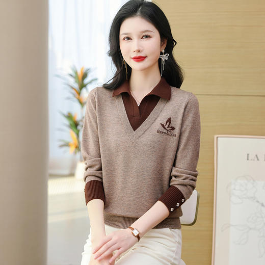 FCY-51855洋气时尚撞色假两件针织衫秋季新款女装POLO领宽松长袖打底毛衣 商品图4