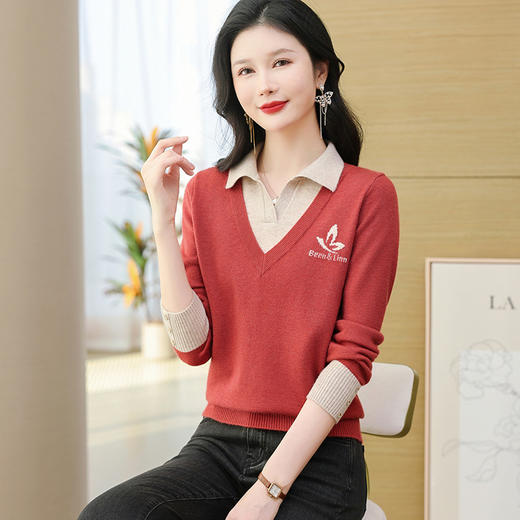 FCY-51855洋气时尚撞色假两件针织衫秋季新款女装POLO领宽松长袖打底毛衣 商品图2