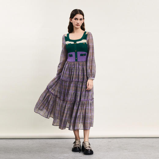 谜底针织拼接连衣裙长袖2024春新款复古田园风格子长裙241ML0114 商品图0