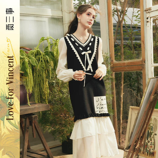 两三事梵高文艺梦核收集新款油画针织拼接可拆裙摆连衣裙 商品图0