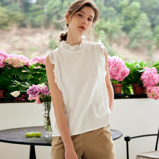 OLrain欧芮儿米白色雪纺衫女早春2024年新款气质立领木耳边上衣 商品图0