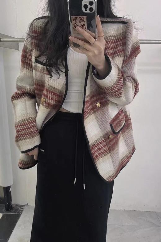 Le Malene 无领红色双排扣格纹外套 17670 商品图1