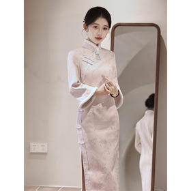 气质高级感，改良年轻款长款加绒厚款长袖粉色旗袍LBS2549