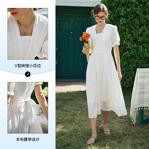 OLrain欧芮儿法式泡泡袖白色V领小花边连衣裙女夏季2024新款显瘦长裙 商品图2