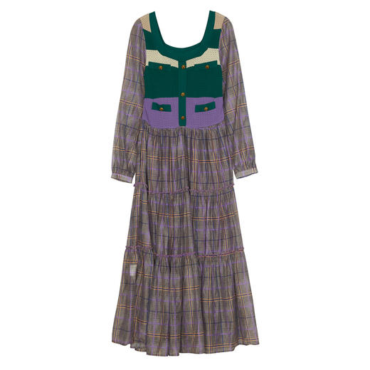 谜底针织拼接连衣裙长袖2024春新款复古田园风格子长裙241ML0114 商品图4