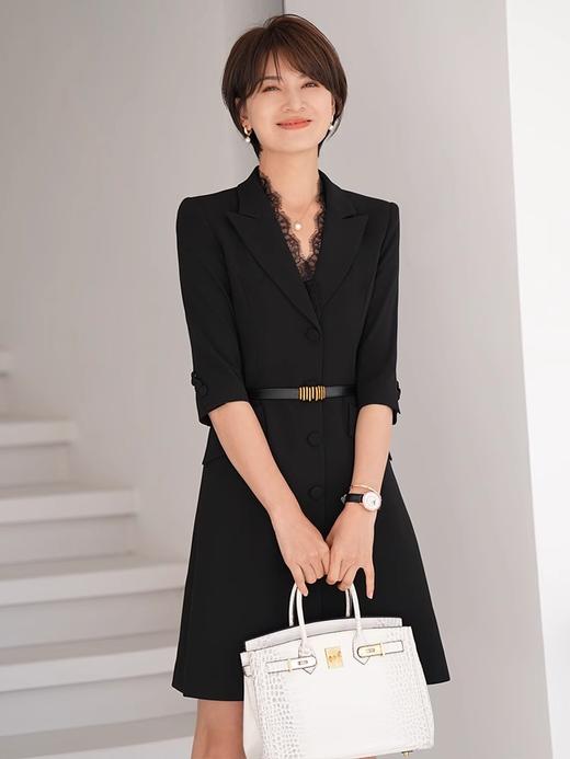 春装女2024年新款女蕾丝西装连衣裙黑色职业装气质翘肩连身裙 商品图1