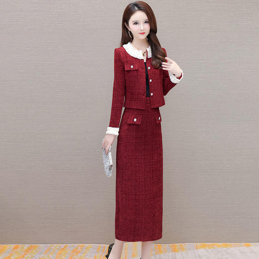 通勤时尚，春款洋气小香风短款外套长款裙子时髦红色两件套裙QYM-XQD-19A905-L 商品图2