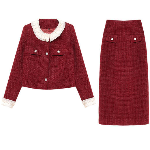 通勤时尚，春款洋气小香风短款外套长款裙子时髦红色两件套裙QYM-XQD-19A905-L 商品图4