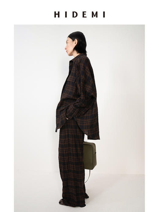 HIDEMI 格纹水洗微褶做旧感小圆领大廓形慵懒衬衫套装 衬衫/阔腿裤 商品图3