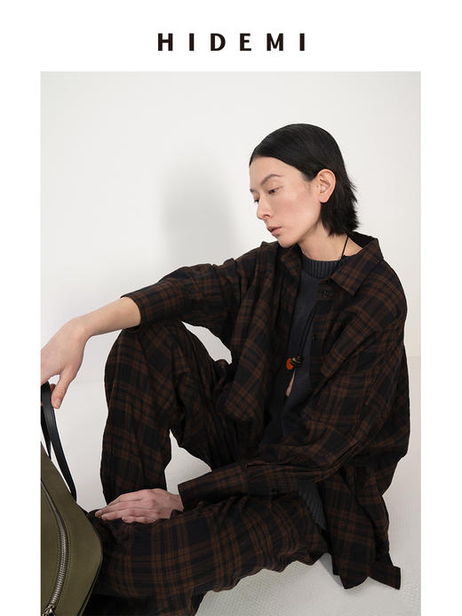 HIDEMI 格纹水洗微褶做旧感小圆领大廓形慵懒衬衫套装 衬衫/阔腿裤 商品图6