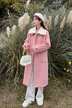 amadella 甜美粉色毛呢大衣长款外套 17738【不含白色衣领】