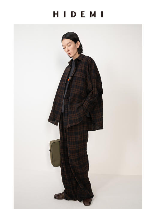 HIDEMI 格纹水洗微褶做旧感小圆领大廓形慵懒衬衫套装 衬衫/阔腿裤 商品图2
