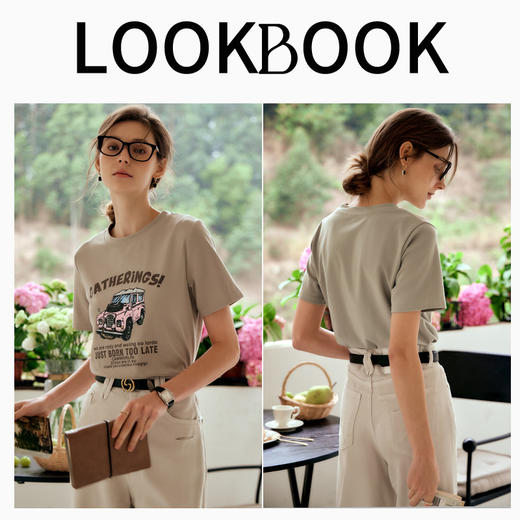 OLrain欧芮儿灰色T恤女春季2024年新款时尚趣味复古印花短袖上衣 商品图1