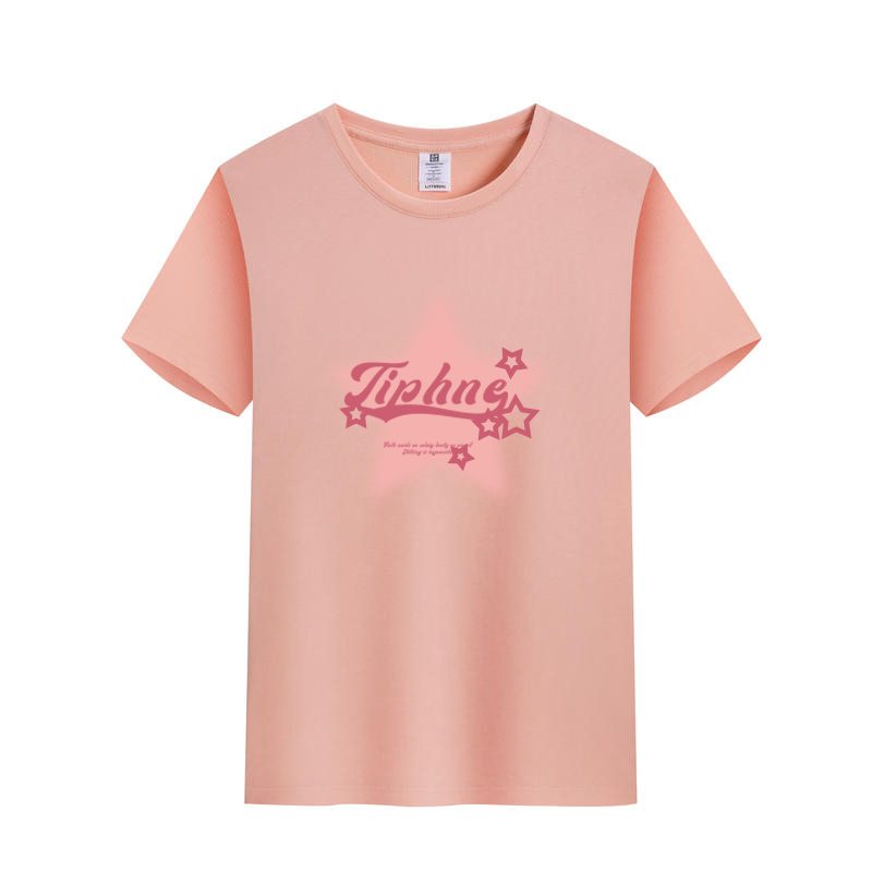 【99元任选3件】夏季纯色短袖粉色星星印花双纱精梳棉常规女款T恤  603#-030