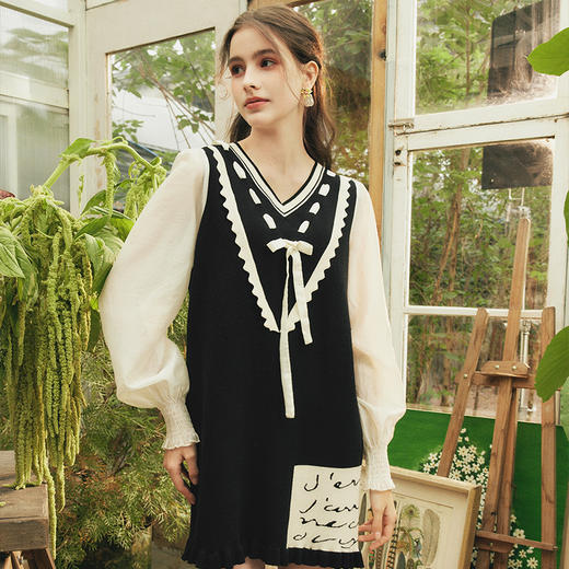 两三事梵高文艺梦核收集新款油画针织拼接可拆裙摆连衣裙 商品图3