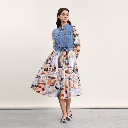 谜底牛仔拼接式连衣裙长袖2024春款复古主题印花长裙女241ML0105 商品图0