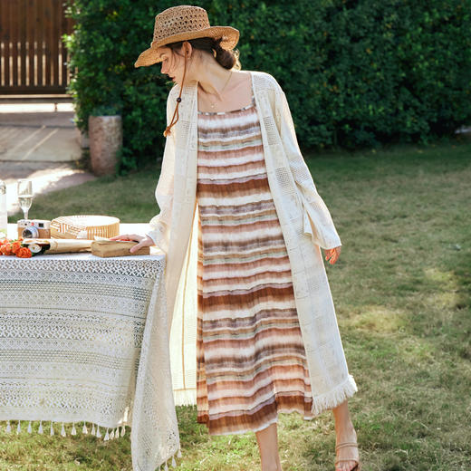 OLrain欧芮儿花色吊带连衣裙女早春2024新款度假风条纹开叉长裙 商品图0