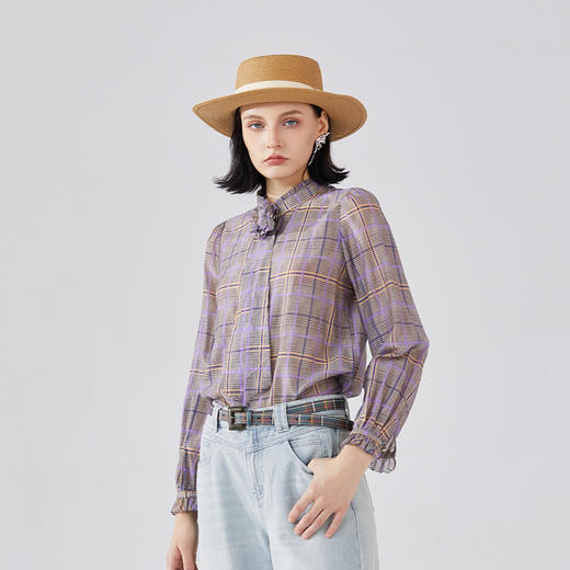 谜底紫罗兰格子衬衫长袖女2024春款设计感领结亲肤衬衣241MC0070 商品图1