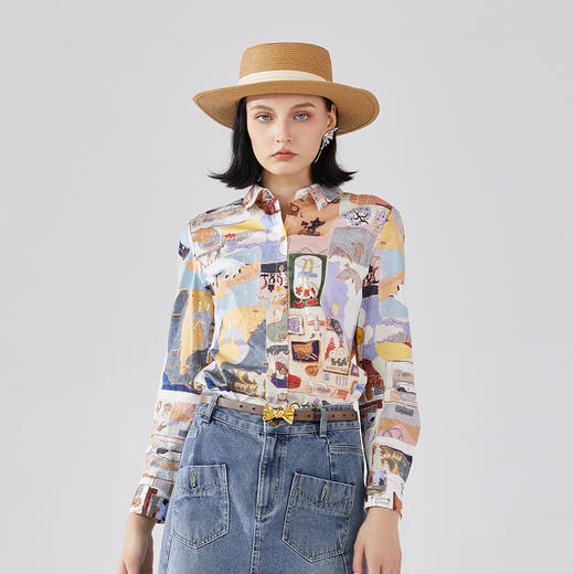 谜底主题花色衬衫长袖女2024春季新款复古纯棉修身衬衣241MC0098 商品图0