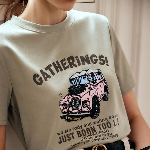 OLrain欧芮儿灰色T恤女春季2024年新款时尚趣味复古印花短袖上衣 商品图2