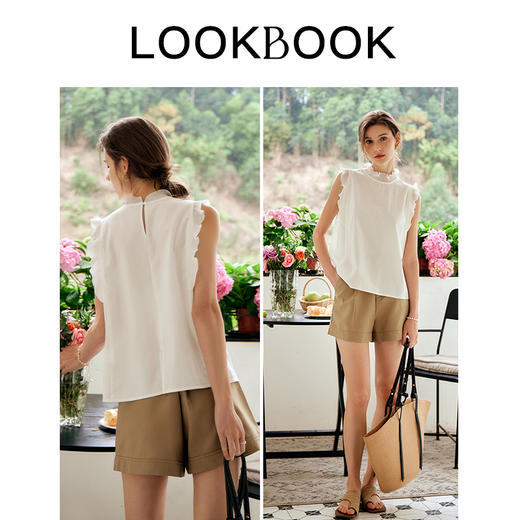 OLrain欧芮儿米白色雪纺衫女早春2024年新款气质立领木耳边上衣 商品图3