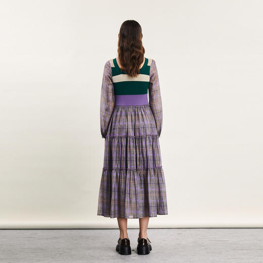 谜底针织拼接连衣裙长袖2024春新款复古田园风格子长裙241ML0114 商品图2