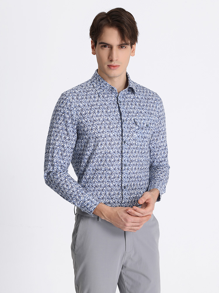 callisto蓝色棉亚麻混纺休衬长袖 STCSL079C