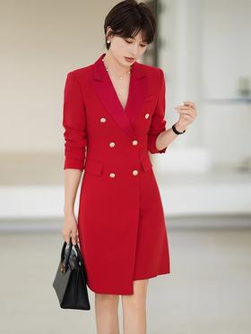 红色双排扣法式连衣裙女秋季新款高级醋酸领西装裙正装