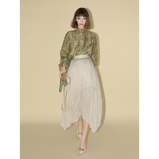 COCOBELLA竹叶提花压褶对丝衬衫新中式国风莱赛尔上衣SR0002 商品图1