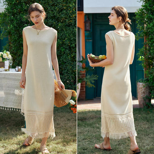 OLrain欧芮儿法式茶歇连衣裙女早春2024年新款镂空流苏无袖A字裙 商品图3