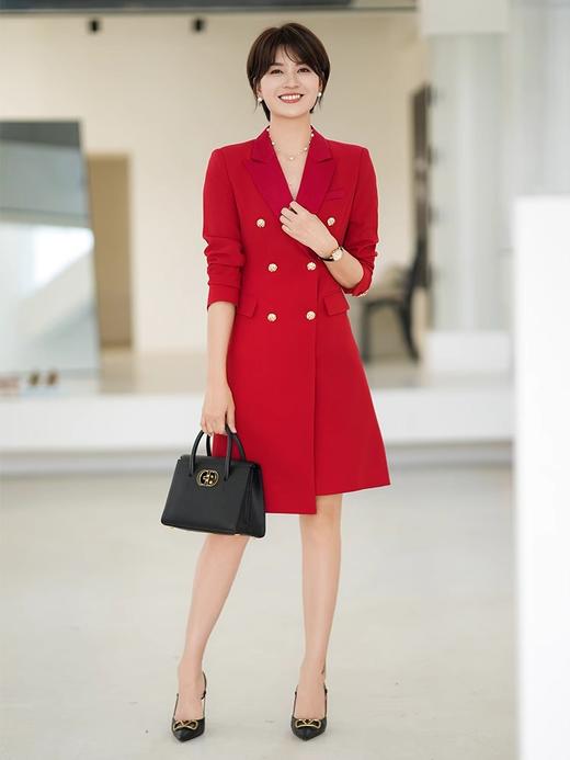 红色双排扣法式连衣裙女秋季新款高级醋酸领西装裙正装 商品图2