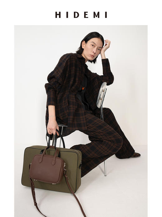 HIDEMI 格纹水洗微褶做旧感小圆领大廓形慵懒衬衫套装 衬衫/阔腿裤 商品图5