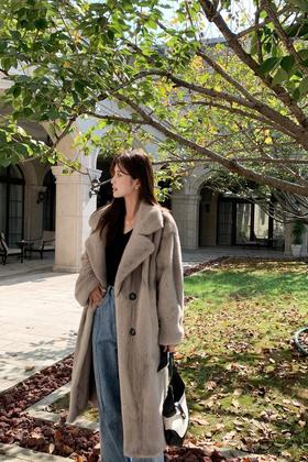 ESTELLICA 灰色贵气翻领仿水貂毛绒大衣外套 17736