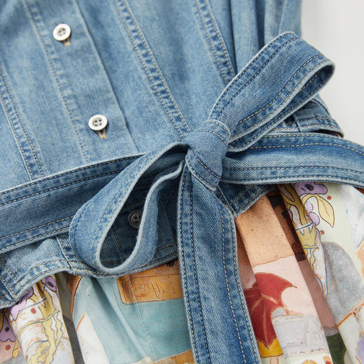 谜底牛仔拼接式连衣裙长袖2024春款复古主题印花长裙女241ML0105 商品图3