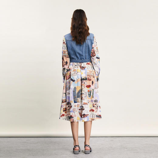 谜底牛仔拼接式连衣裙长袖2024春款复古主题印花长裙女241ML0105 商品图2