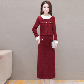 通勤时尚，春款洋气小香风短款外套长款裙子时髦红色两件套裙QYM-XQD-19A905-L