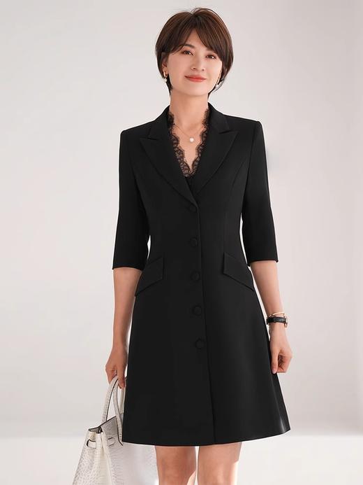 春装女2024年新款女蕾丝西装连衣裙黑色职业装气质翘肩连身裙 商品图3
