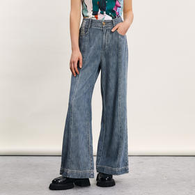 谜底牛仔阔腿裤女2024春季新款复古风高腰百搭宽松长裤241MK0011