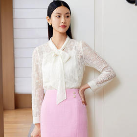 玳莎羊毛蕾丝提花两件套小衫女2024春季新款飘带设计感优雅上衣  EA31307