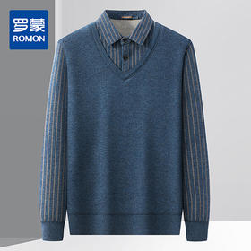 【加绒加厚】罗蒙秋冬男士奥利绒假两件加绒毛衣男针织衫男保暖加绒衬衫男毛衣