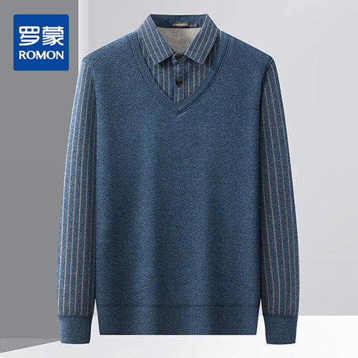 【加绒加厚】罗蒙秋冬男士奥利绒假两件加绒毛衣男针织衫男保暖加绒衬衫男毛衣 商品图0