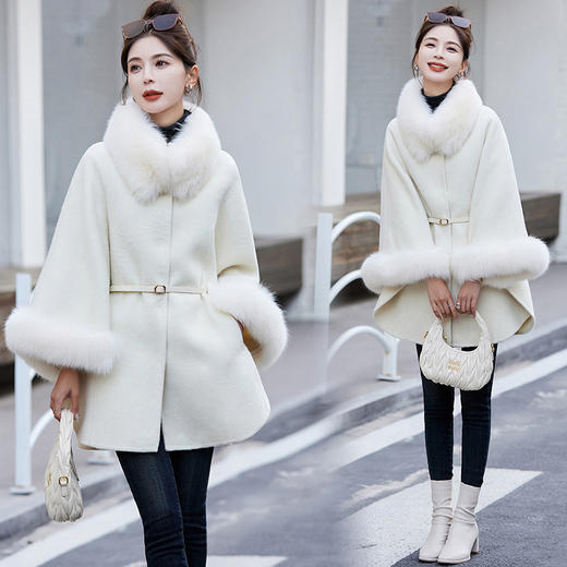 双面羊毛大衣，秋冬新款时尚气质高级感斗篷狐狸毛领羊毛呢外套HR-MLYF2379 商品图2