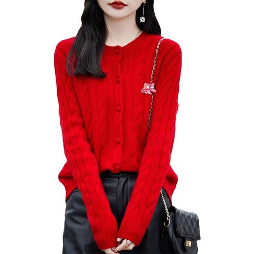 春秋新款针织纯羊毛开衫，圆领麻花加厚宽松毛衣外套纯色显瘦上衣QH-NS3184 商品图4