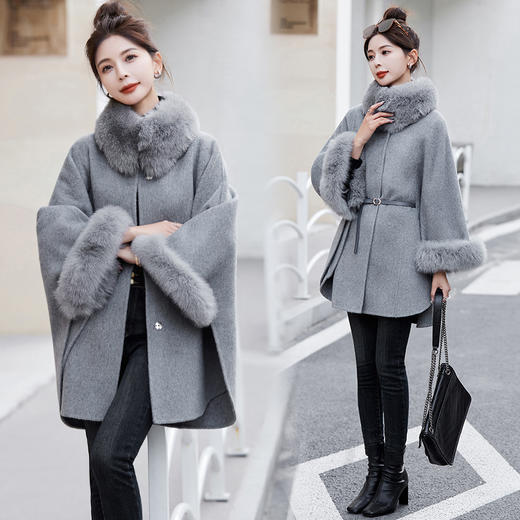 双面羊毛大衣，秋冬新款时尚气质高级感斗篷狐狸毛领羊毛呢外套HR-MLYF2379 商品图0