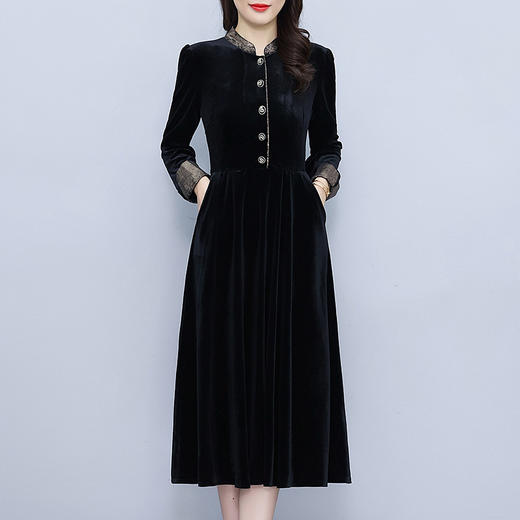 雀说新款时尚洋气立领拼接显瘦减龄中长款金丝绒连衣裙AL 7512 商品图1