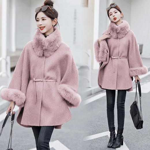 双面羊毛大衣，秋冬新款时尚气质高级感斗篷狐狸毛领羊毛呢外套HR-MLYF2379 商品图3