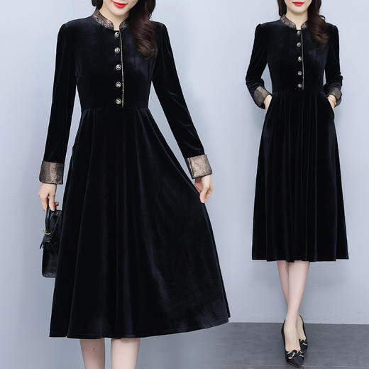 雀说新款时尚洋气立领拼接显瘦减龄中长款金丝绒连衣裙AL 7512 商品图5