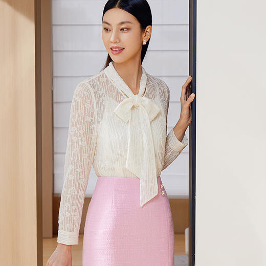 玳莎羊毛蕾丝提花两件套小衫女2024春季新款飘带设计感优雅上衣  EA31307 商品图1