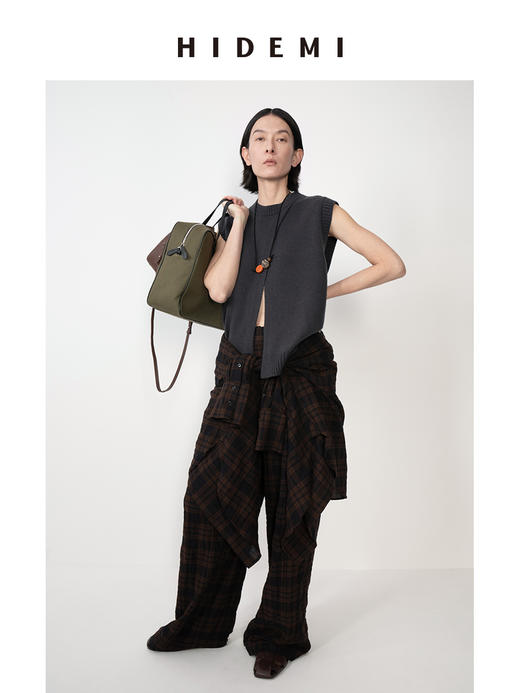 HIDEMI 格纹水洗微褶做旧感小圆领大廓形慵懒衬衫套装 衬衫/阔腿裤 商品图9